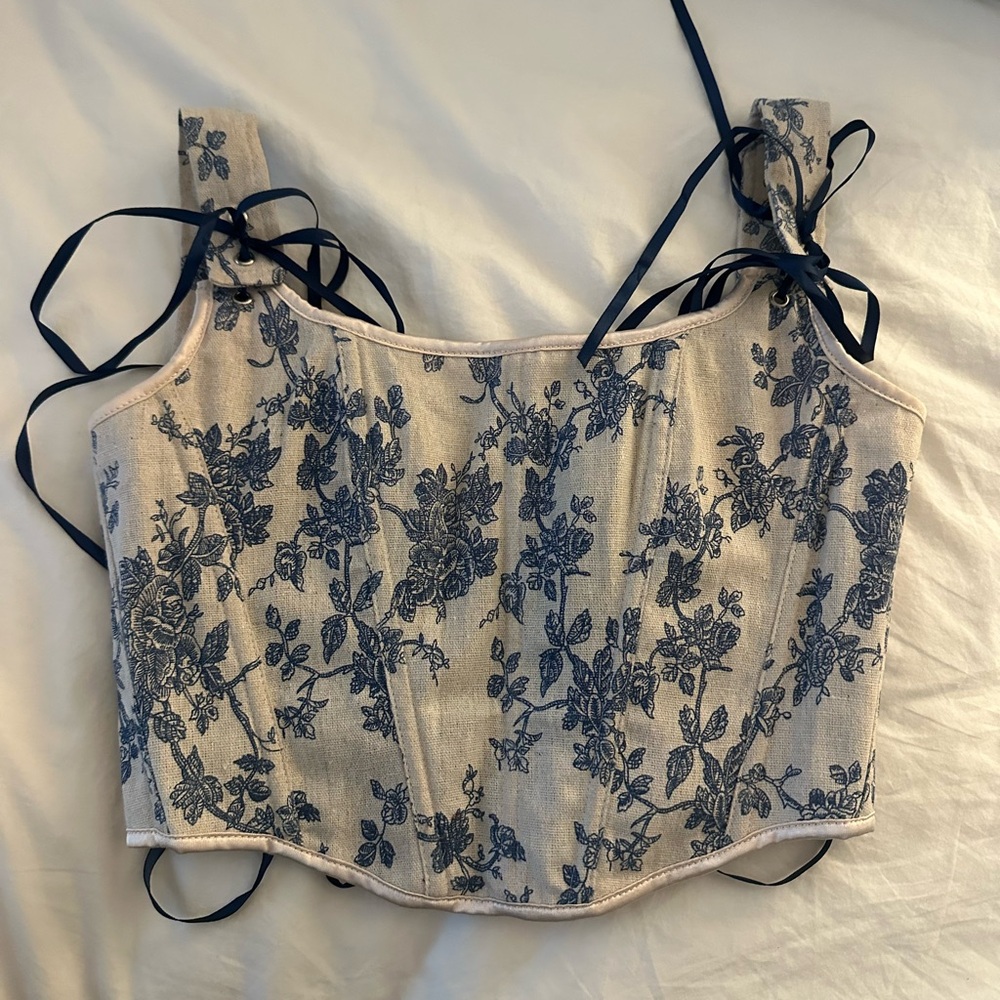 Floral Embroidered Women's Top - Blue and Cream